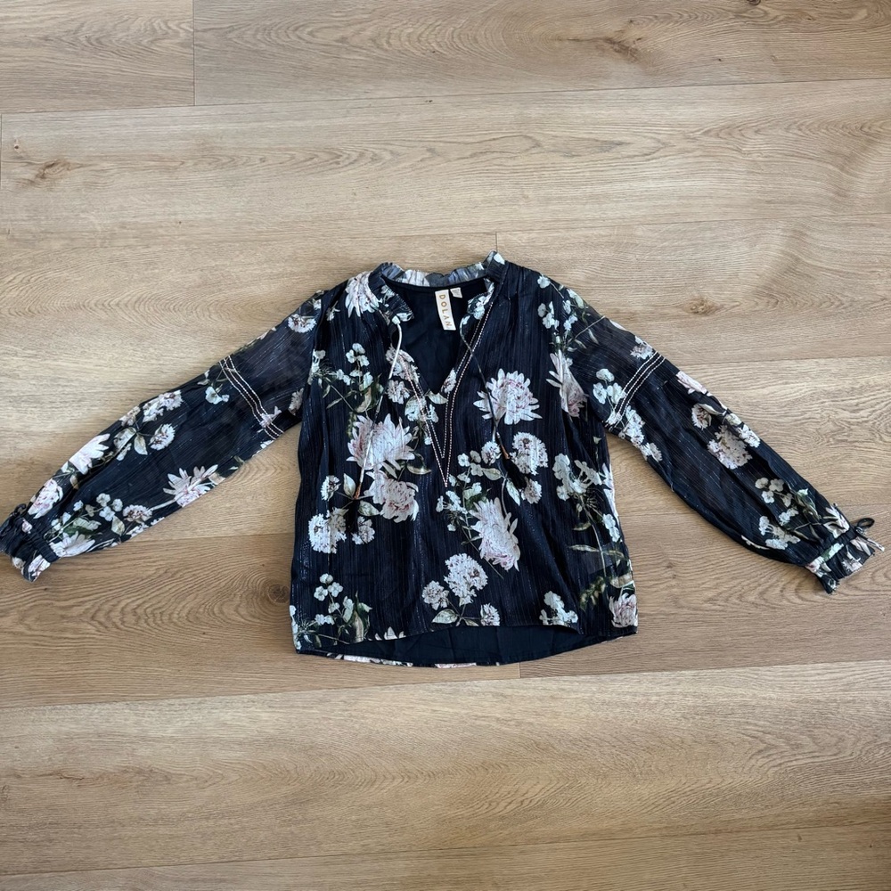 Dolan Floral Bubble Sleeve Flowy Long Sleeve Top XS Tassels